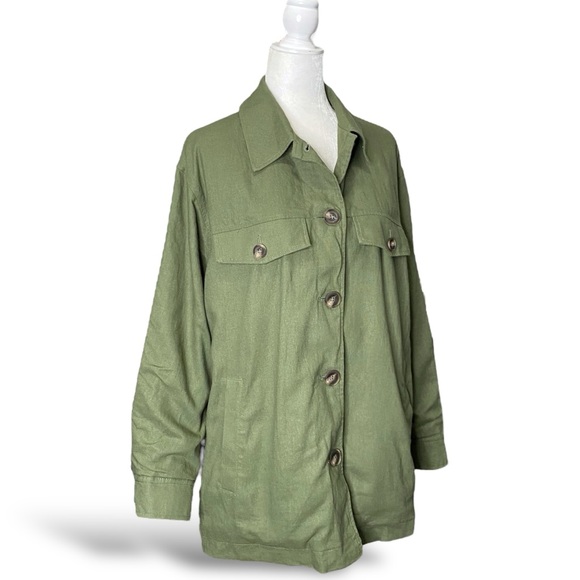 Women's Zara Linen Blend Olive Green Lightweight Button Shacket Jacket Lined - Picture 3 of 10